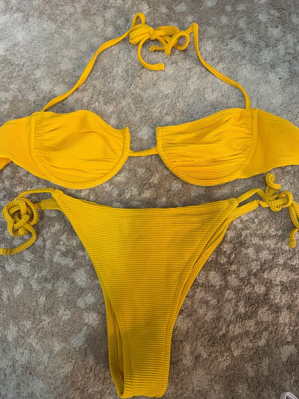 Yellow Ribbed Tie Bikini Set